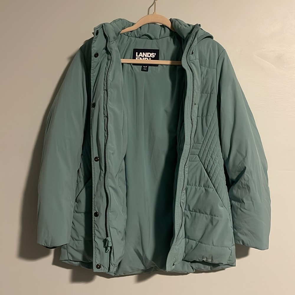 Lands’ End Down Filled Green Puffer Jacket Women’s Medium Petite (10/12) Hood - Picture 7 of 11